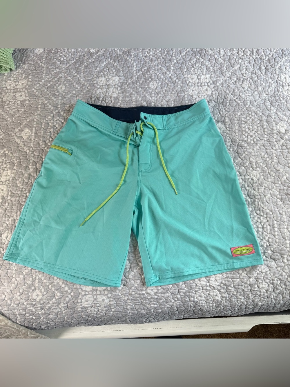 Vineyard Vines Aqua Board Shorts with Lime Drawcord. Size 32, 9 inch inseam.